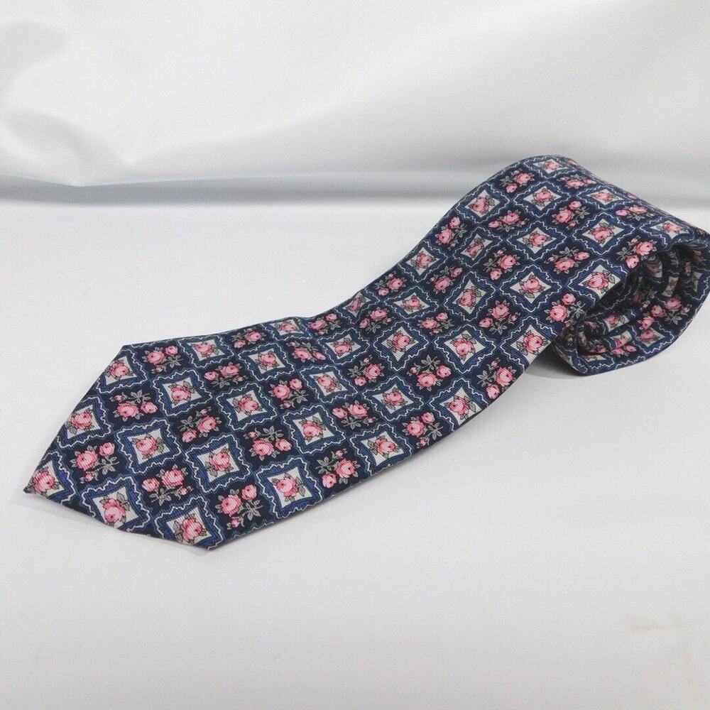 Jos. A. Bank Pink & Blue Woven Framed Floral Flower 100% Silk Tie 3.125 x 60"